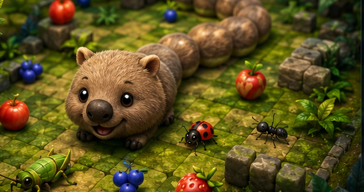 A detailed EXOTIBBLES rainforest board with a cartoon wombat weaving between fruit, insects and stone obstacles